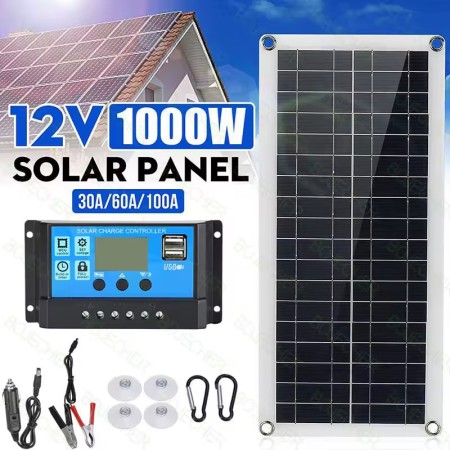 Kit Panneau Solaire 1000W 12V avec Contrôleur 100A pour Téléphone, Camping-Car, Voiture, Caravane, Maison, Camping