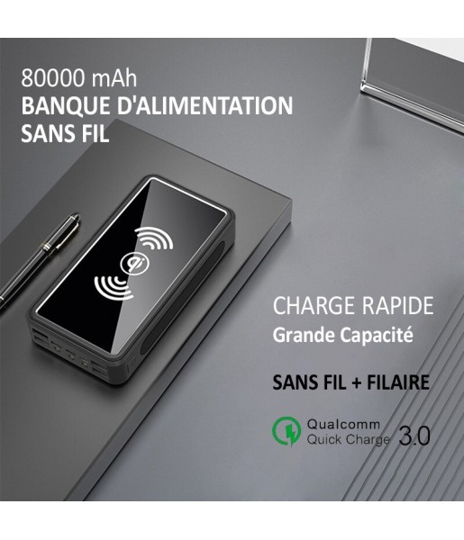 Batterie externe solaire Sans fil Induction, 80000mAh, pour l'extérieur, 4 USB, Charge rapide