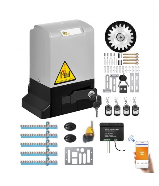 Motorisation Portail Coulissant Ouvre-Porte + 4 Télécommandes + 5 crémaillères + Feu A LED + Récepteur WIFI intelligent